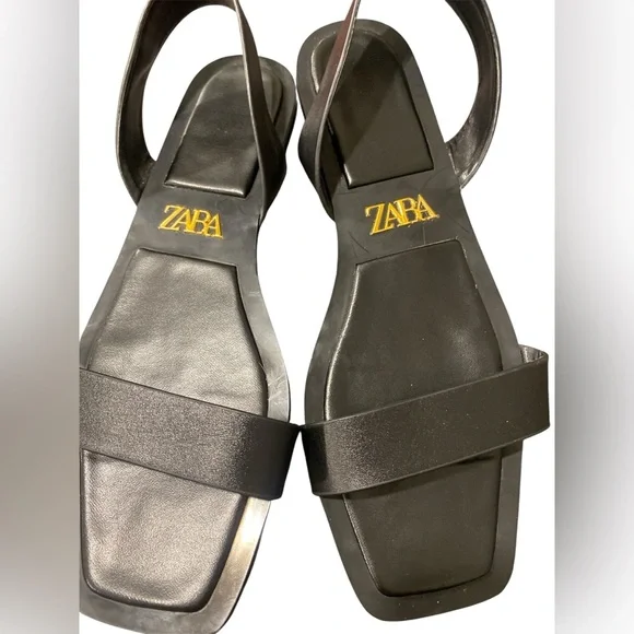 ZARA Black Leather Flat Sandals Size 38 Square Toe Minimalist Slingback - Picture 4 of 5